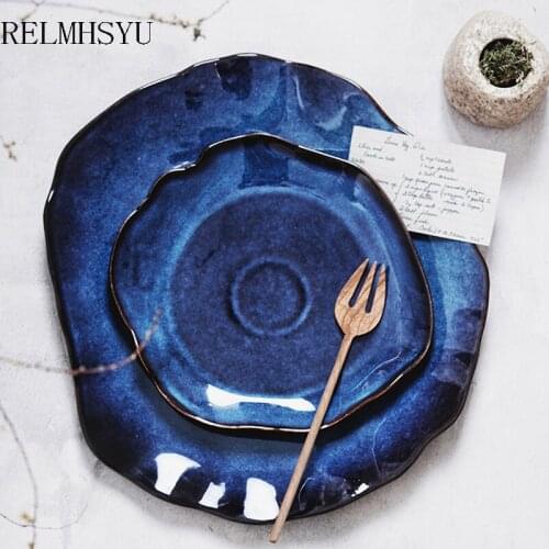 1PC RELMHSYU European Style Ceramic Irregular retro Blue Series Breakfast Plate Restaurant Western Steak Dinner Plate
