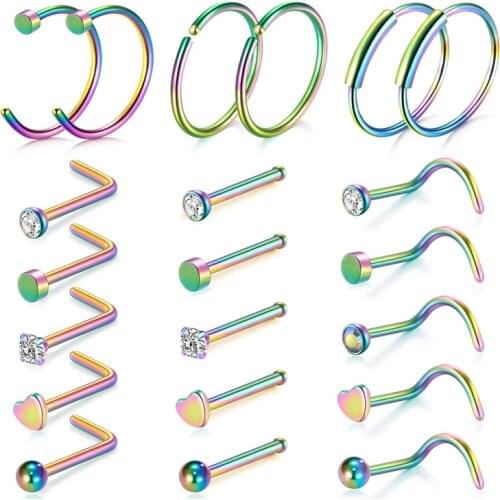 20G Nose Ring Hoop-14pcs-21pcs Nose Rings Studs Piercings Hoop Jewelry Stainless Steel Nose Rings