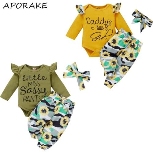 2021 0-12M Summer Infant Girl Clothing Set Letter Fly Long Sleeve Romper+Sunflower Long Pants+Headband Spring Fall 3pcs Outfits