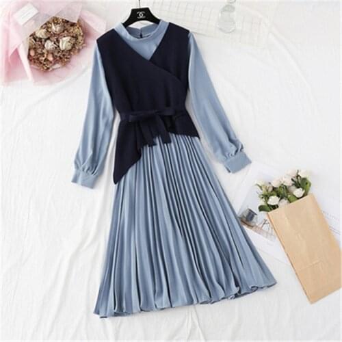 Autumn Winter Dress Two Piece Set Elegant Long Sleeve Knit Slim Mid-Calf Long Pleated Dress 2PCS Suit Spring Outfits High Street