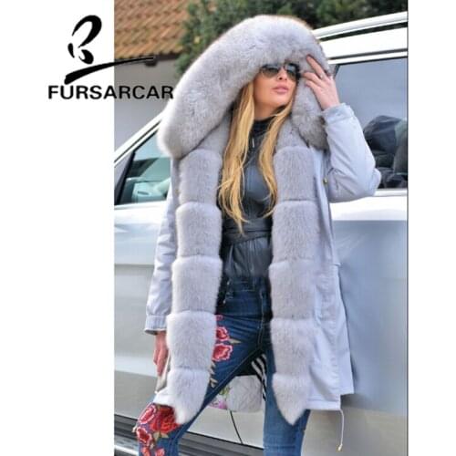 FURSARCAR New Type Women Real Fur Coat Luxury Winter Thick Warm Fur Parka With Fox Fur Trim Hood And Cuff Top Quality Parka