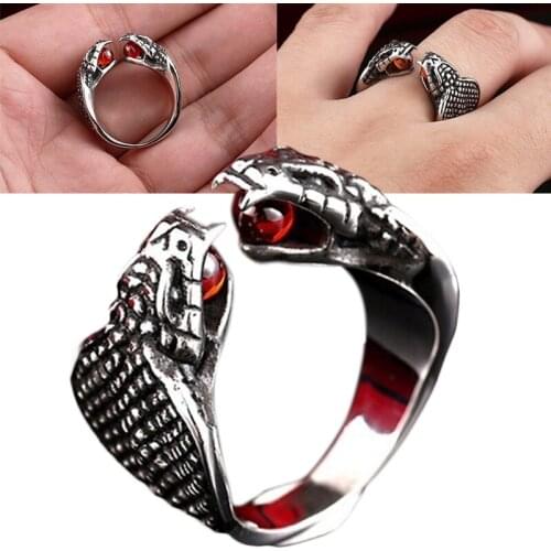 Retro Double-Headed Snake Shape Ring for Men Fashion Vintage Red Crystal Inlaid Ring Accessories Party Jewelry 7-12 H9