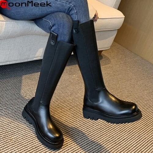 MoonMeek 2021 Genuine Leather Boots Low Heel Round Toe Platform Ladies Shoes Autumn Winter Black Knee High Boots Women