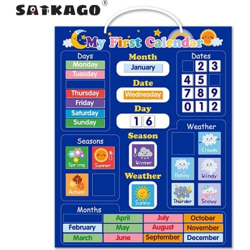Satkago Kids Magnetic Calendar Time Month Date Day Season Weather Learning Chart Board Early Educational Toy for Boys Girls