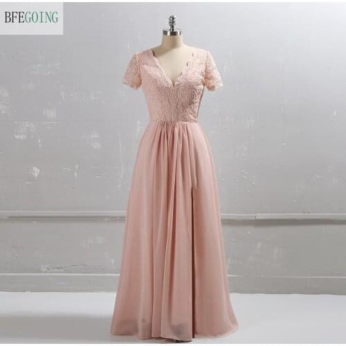 Blush Pink Chiffon Lace Short Sleeves Floor-Length A-Line Mother Of The Bride Dress Custom Made