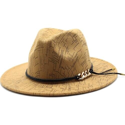 Bauhinia Quality Wide Brim Fedora Hat Women Men Wool Felt Hats with Metal Chain Decor Panama Top Jazz Cap Chapeau Sombrero