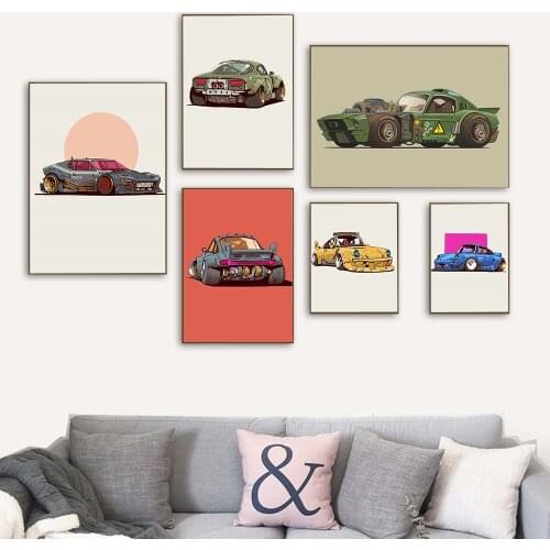 Scandinavian Cartoon Car Canvas Painting Nordic Poster Yellow Tank Car Print Crane Wall Art Picture Home Decoration