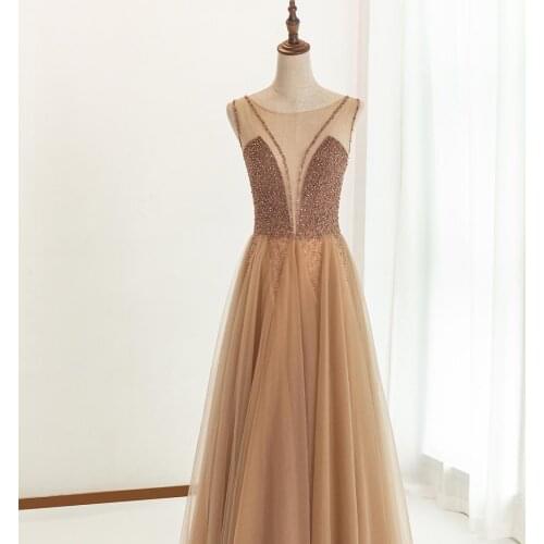 Champagne Beads Evening Dress Tulle Party dress with Sweep Train A-line Long dress evening gown