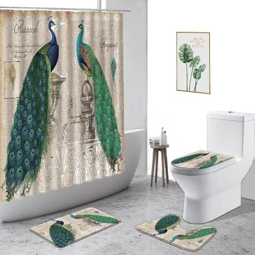 3D Peacocks Printing Waterproof Shower Curtain Beautiful Animal Bathroom 4Piece Set Anti-Slip Carpet Toilet Cover Bath Curtains
