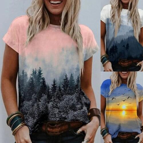 Women Cotton T-Shirt 2021 Summer Round Neck Short Sleeve 3D Nature View Printed Casual Plus Size Shirt Tops Tees vintage tshirt