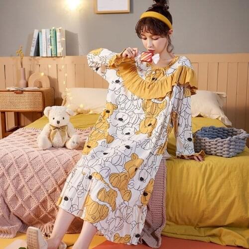 Autumn Women Cotton Homedress Nightdress Long sleeve Nightgowns One-piece Dress Sleepwear Large Size Loose Fashion Home Clothing