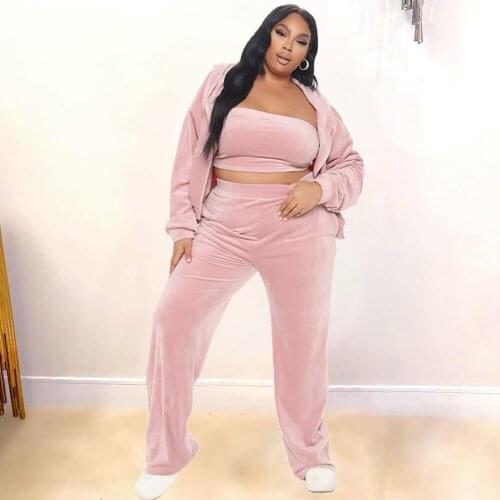 ZJFZML ZZ Women Clothing Velvet Two Piece Set Plus Size Hooded Long Sleeve Jackets+loose Wide Leg Pant Dropshipping Wholesale