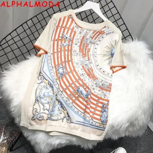 ALPHALMODA European Fashion Printed Chiffon Patchwork Knitted Tshirt O-neck Short-sleeved Loose Pullover Tee Tops for Women