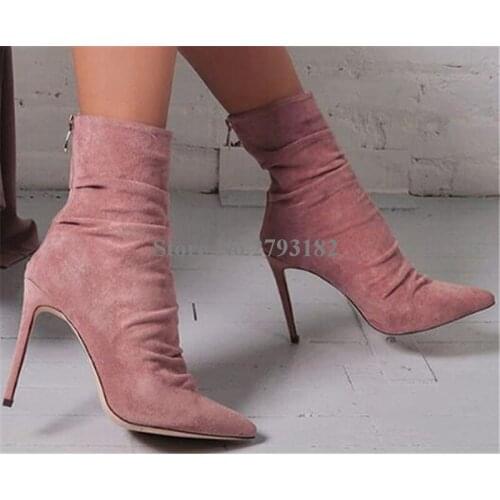 Women Classical Style Pointed Toe Suede Leather Thin Heel Short Boots Zipper-up Pink Blue High Heel Ankle Booties Dress Shoes