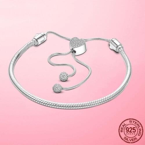 Femme Moments Pave Heart Clasp Snake Chain Slider Bracelet 925 Sterling Silver Snake Chain Slider Bracelet for Women Jewelry