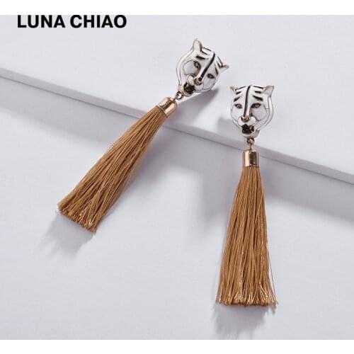 LUNA CHIAO Vintage Jewelry Enameled Tiger Head Earring Long Drop Tassel Dangle Earrings for Women