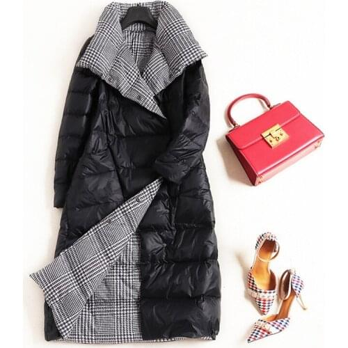 Women Double Sided Down Jacket Winter Stand Collar Ultra Light White Duck Down Coat Female Double Breasted Warm Plaid Outwear