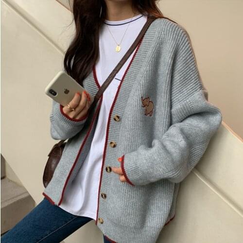 2020 Womens Jumper Cute Thick Sweaters Loose V Neck Lazy Embroidered Knit Sweater Lady Harajuku Chic Ins Jumper For Women