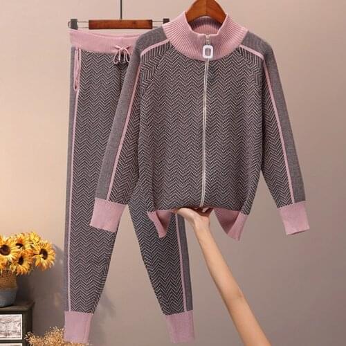 Women Knitted Zip Jumper Tops+Pants Sets Woman Striped Sweater Trousers 2PCS Suits