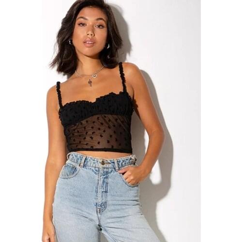 QuanRun Fashion Elegant Women Black Sleeveless Halter Mesh Perspective Crop Top Casual Femmal Tank Top Streetwear 2021 Spring