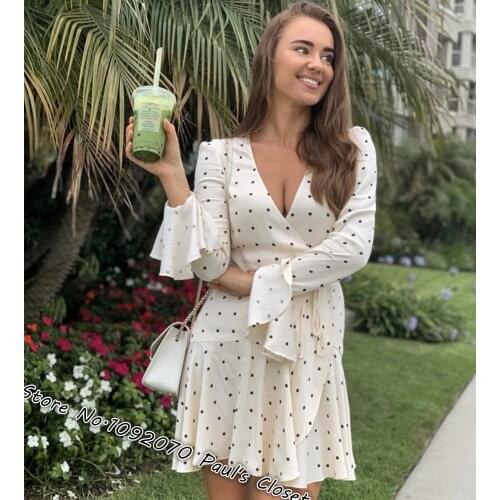 Women Low V Neckline Spot Print Frill Cuff Mini Dress In Cream and Black