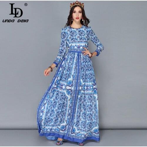 LD LINDA DELLA New Fashion Runway Maxi Dresses Womens Long Sleeve Vintage Casual Chiffon Blue and white Printed Long Dress