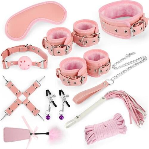 12pcs set Sex Bdsm Handcuffs Legcuffs Collar Whip Mouth gag Bondage rope Nipple clip Slave Erotic Restraints Sex Toy For Couples