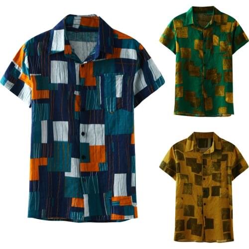 2021 Shirts For Mens Casual Geometry Print Splice Short Sleeve Button Turn-Down Collar Shirt Fashion Beach Shirt Ropa Hombre