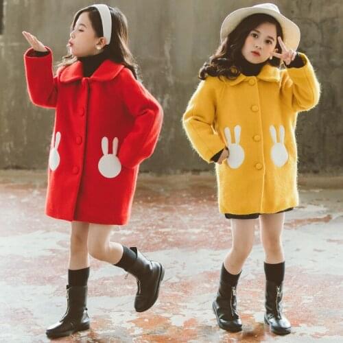 Childrens coat girls' winter wear new thickened warm woolen coat cartoon rabbit long style warm clothes 2020