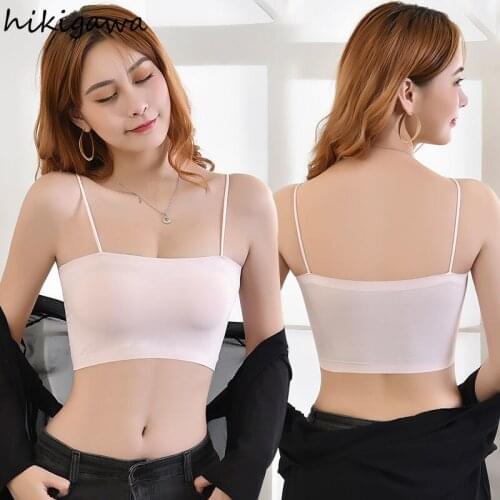 Hikigawa Women Sexy Camis Crop Tops Solid White/Black Y2K Sleeveless Strap Lingerie Tank Top Female Push Up Tube Top Bra
