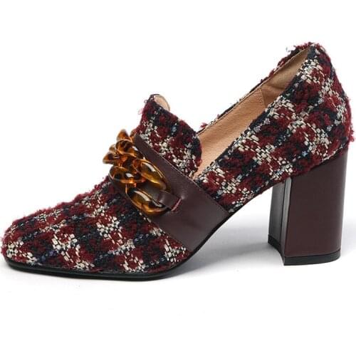 Kmeioo Autumn winter new high-heeled shoes French Retro style square toe thick heel Plaid casual and comfortable elegant shoes