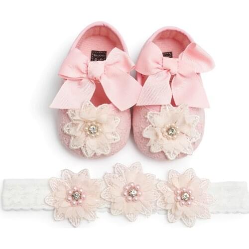 Baby Girl Infants Lace Flower butterfly-knot Princess Shoes First Walkers with Floral Headwear Headband