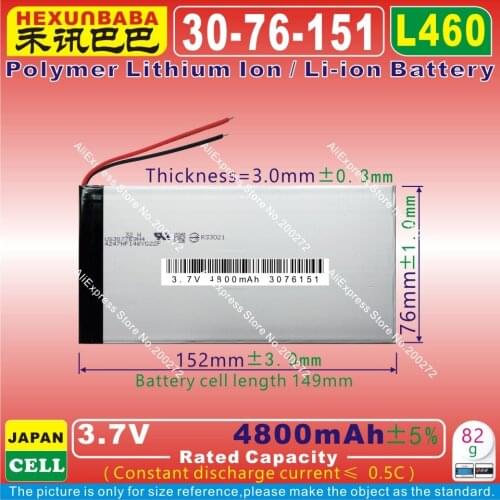 [L460] 3.7V 4800mAh [3076151] PLIB ( polymer lithium ion battery ) for tablet pc;POWER BANK ;e-book