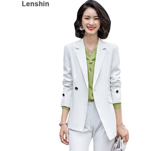 Lenshin High Quality 2 Piece Set Formal Pant Suit Yellow Blazer Office Lady Uniform Design Women Business Jacket and Pant