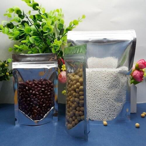 Retail 18x26cm,100 Reusable Stand Up Translucent Aluminium Foil Bag Zip Lock Seal Silver Mylar Almonds Storage Pouch Front Clear