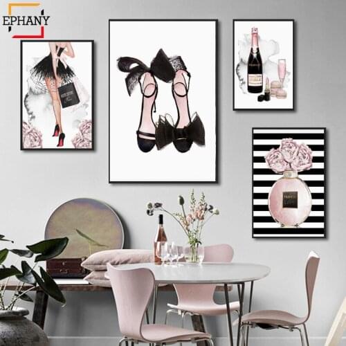 Fashion Wall Art Peonies Champagne Wall Art Canvas Painting Modern Posters Black White Perfume Heel Prints Living Room Decor