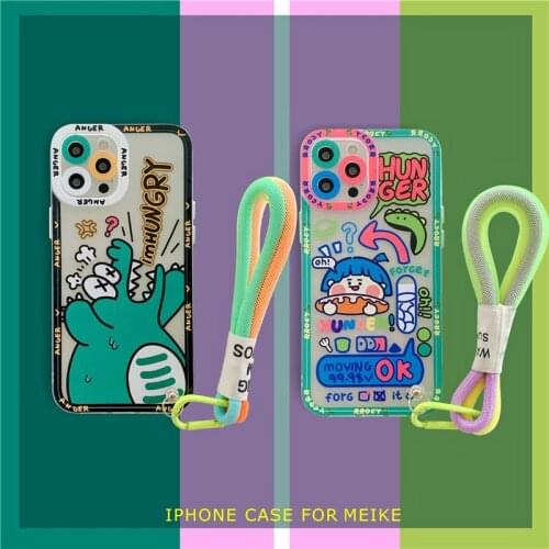 Fashion Cute Cartoon Crocodile Phone Case for IPhone 12 Pro Max 11 XR XS Max X 7 8 Plus Funny Soft Back Cover Funda with Lanyard