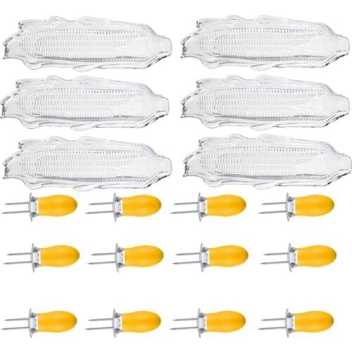 6 Pack Corn Trays + 12 Pcs Corn Cob Holders Plastic Corn Dishes Service Tray Transparent Cob Dinnerware for Butter Corn
