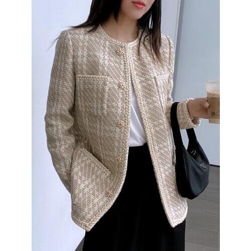 A Little Fragrant Coat Worth Collecting! Womens Slim Cardigan with Woolen Tweed in Spring and Winter 2021