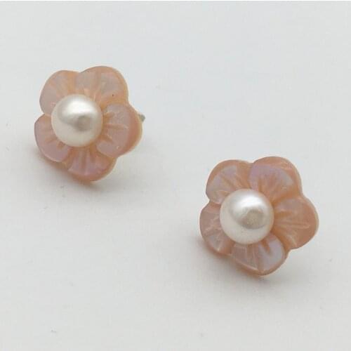 New hand carved real pink shell 925 sterling silver flower pearl woman gift fashion Jewelry stud earring 12MM