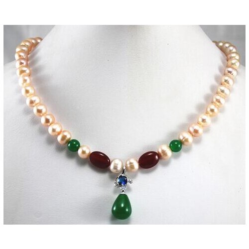 Wholesale/retail 8mm pink pearl & red necklace+green Jade crystal pendant