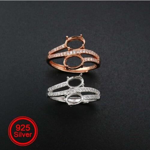 Oval Prong Ring Settings Blank Adjustable 2 Stones Pave CS Stone Rose Gold Plated Solid 925 Sterling Silver DIY Bezel 1224045