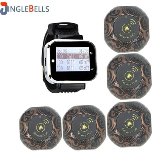 Restaurant Pager Wireless Calling System 5 Single Key Button Transmitters + 1 Wrist Watch Receiver Frequency 433MHz Black
