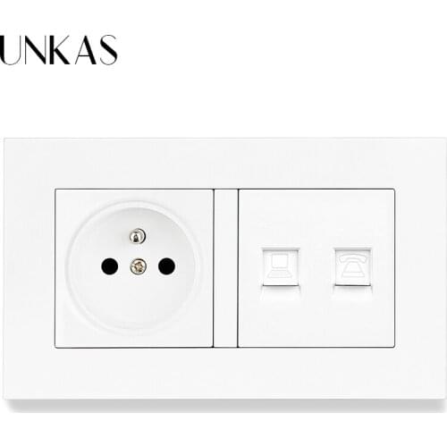 UNKAS PC Plastic Panel French Standard Socket + RJ11 Telephone Jack And RJ45 Internet Computer Port 146MM*86MM 2 Gang Outlet