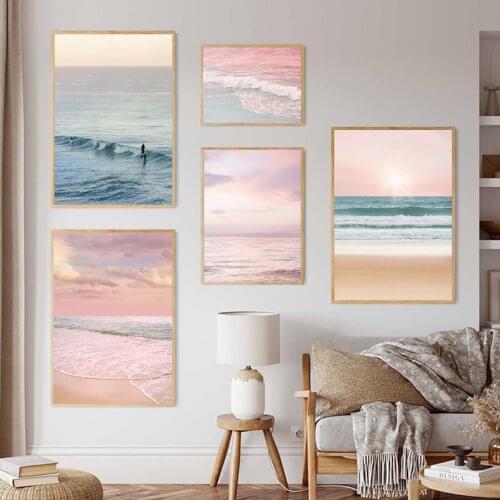 Beach Wall Art Canvas Painting Coastal Surf Wave Posters and Prints Blush Pink Blue Ocean Wall Pictures Home Room Art Wall Decor