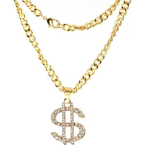 Gold Plated Crystal Dollar Sign Pendant Necklace Hip Hop Chain nice gift Rock heavy metal hip hop decoration