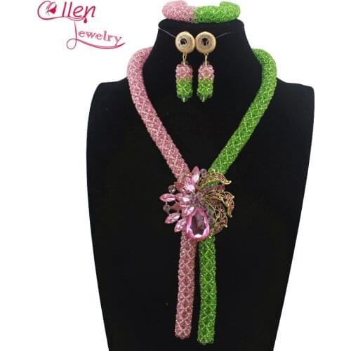 Pink Apple Green African nigerian Wedding bridal beads Jewelry Set African beads Jewelry Set African beaded necklace sets W13151