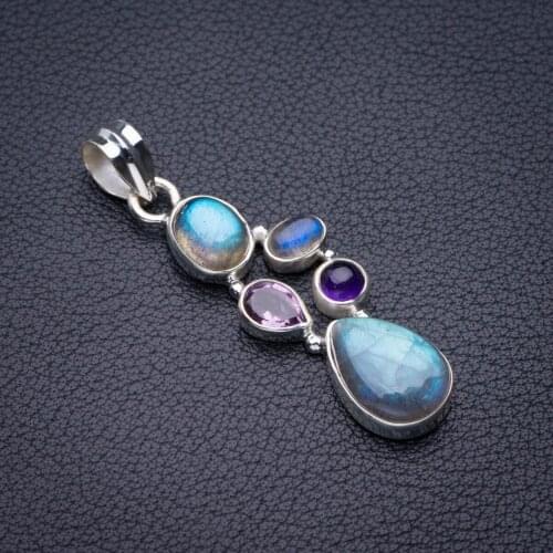 StarGems Natural Blue Fire Labradorite And Amethyst Handmade 925 Sterling Silver Pendant 1.75" D5336