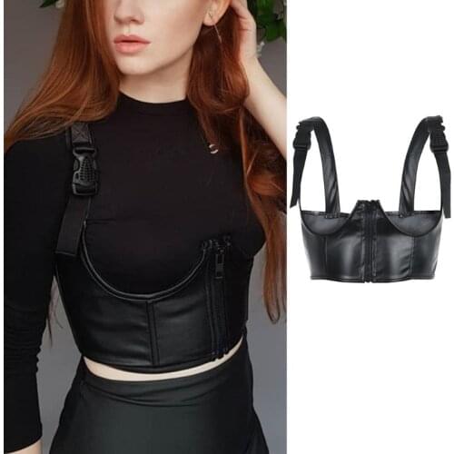 Harajuku Gothic Punk Crop Top Faux Leather Sexy Open Cup Chest Harness Vest Buckle Zipper Suspenders Hip Hop Club Streetwear