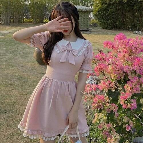 Japanese Lace Kawaii Dress For Women Summer Puff Sleeve Pink Princess Lolita Dress Vintage Bow Peter Pan Collar Baby Doll Dress